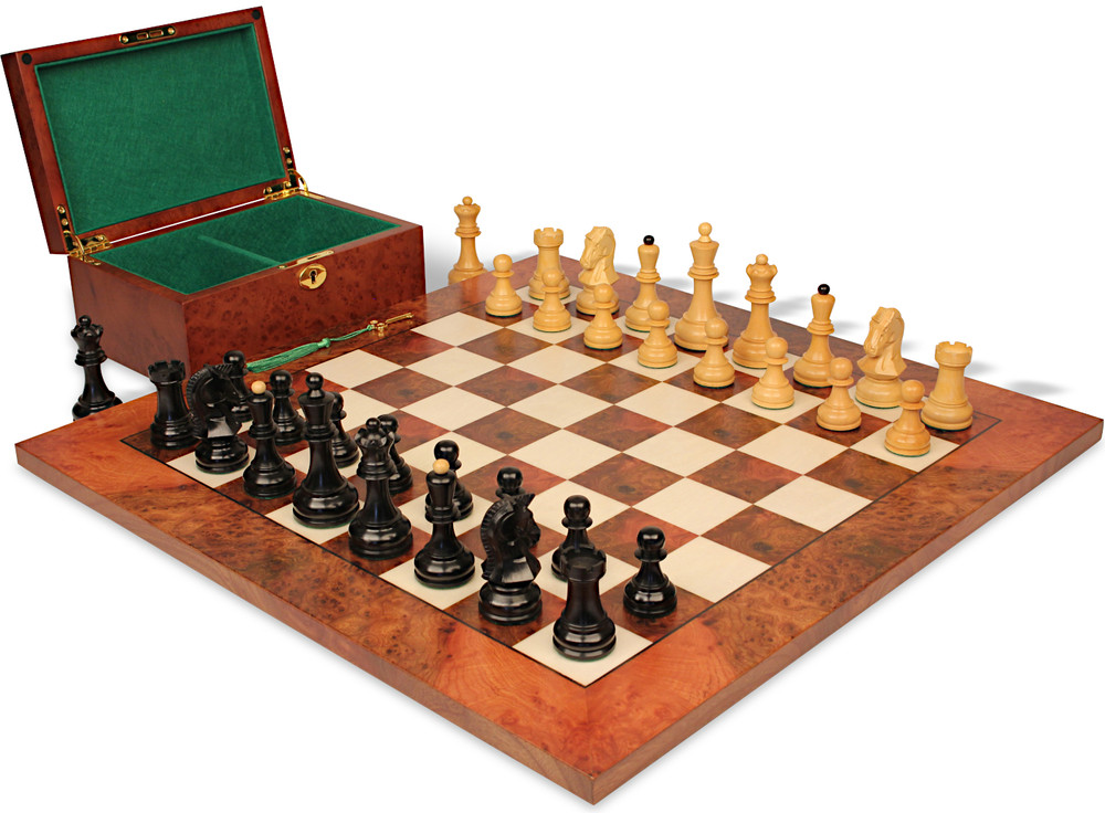 Dubrovnik Series Chess Set - Ebonized & Boxwood Pieces - Elm Burl Chess Board & Box - 3.9" King